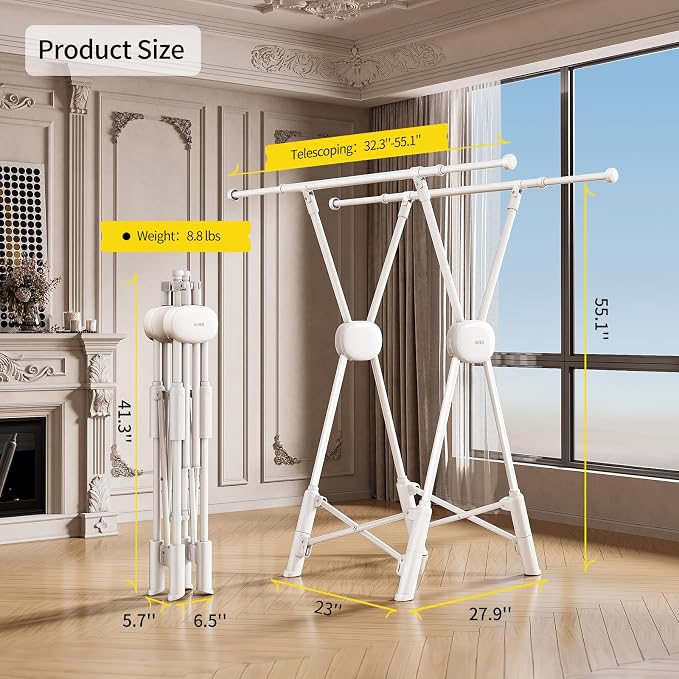 BIREN Clothes Drying Rack Heavy Duty Clothing Racks Foldable Laundry Rack Two Drying Modes Garment Racks for Drying Clothes, Adjustable Length from 32-55 Inches for Indoor Outdoor Use