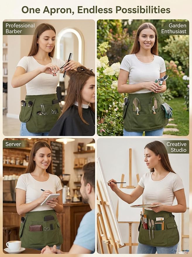 Molaxhome Waist Tool Apron with Multi-Pocket Adjustable Belt for Gardening | Adjustable Long Belt,Waitress Server Aprons,Tool Belt,Hairdressers,Work Apron