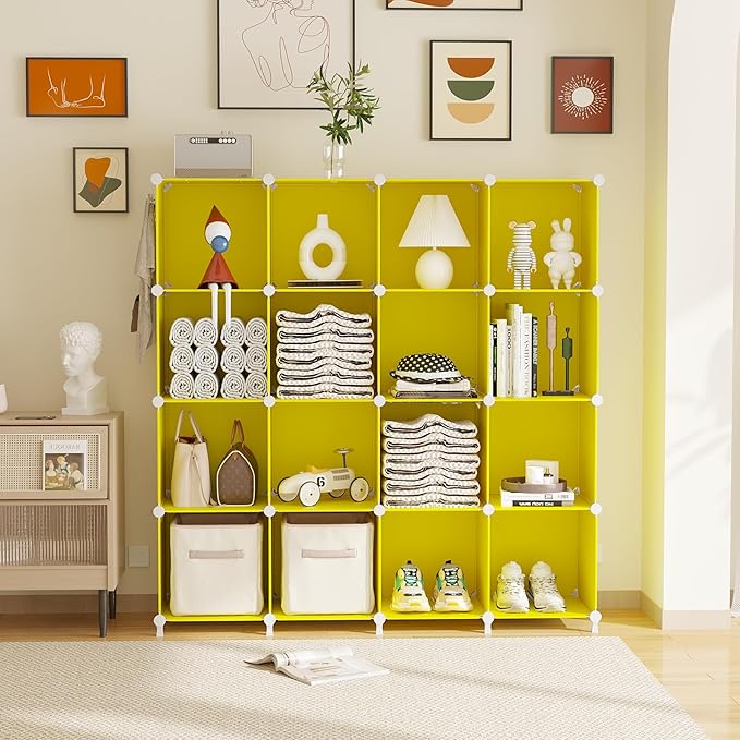 AWTATOS Cube Storage Organizer, Closet Organizers Storage Shelf, 16 Cube | DIY Stackable Storage Cube Shelves, Plastic Clothes Organizer Shelving for Bedroom, Home Office, Yellow
