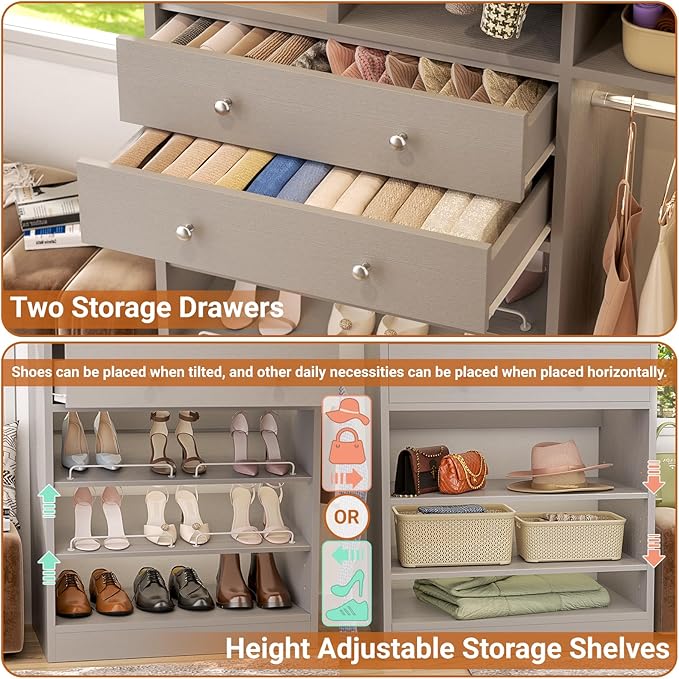 Besiost Closet System - 5FT Small Closet System with Drawers, 60" Closet Organizer System with Reversible Hanging Shelving, Closet Systems for Small/Walk-in Closets, Morandi Grey