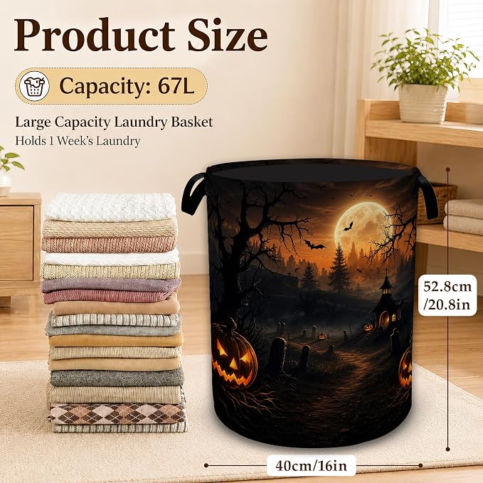 Halloween Pumpkin Night Laundry Basket with Handles, Foldable Tall Oxford Clothes Hamper, Lightweight Water-Resistant Storage Bin for Bedroom Bathroom College Dorm, 16 x 20.8 Inch