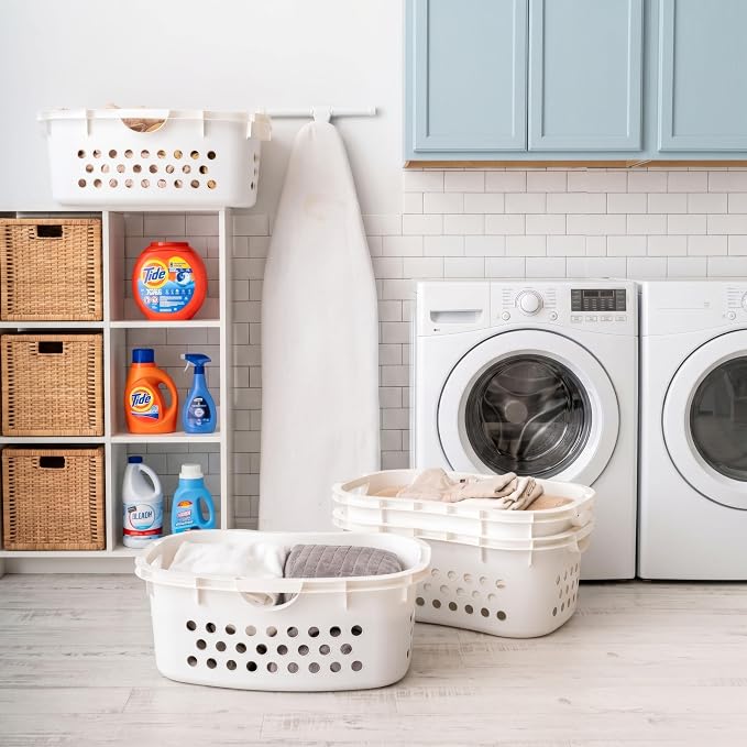 IRIS USA Laundry Basket, 51L Plastic Hip Hold Hamper, 4 Pack, 1.5 Bushel | Comfortable hip-hold handles and ventilated design make transporting clothes, towels, and linens easier.