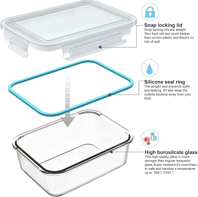 AILTEC Glass Food Storage Containers with Lids, [18 Piece] Glass Meal Prep Containers Set, Airtight Leak Proof, Oven Freezer Dishwasher Safe, BPA Free (9 Lid & 9 Container)
