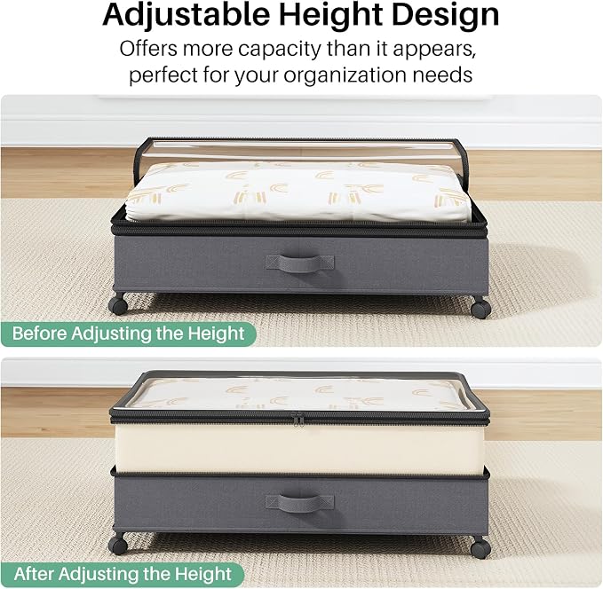 Kitstorack 4 Pack Height-adjustable Under Bed Storage with Wheels, Under Bed Storage Containers,Under Bed Shoe Storage Organizer with Clear Window&Label, Suitable for Clothes Storage, Beige & Gray