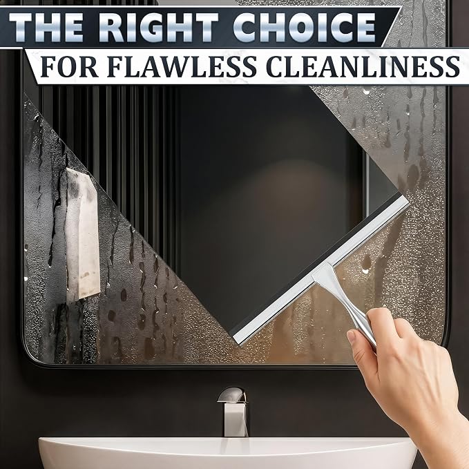 10" Silver Shower Door Squeegee - Stainless Steel Shower Squeegee for Streak-Free Bathroom Glass with Silicone Blade, Adhesive & Hanging Hooks for Mirror, Tile, Window, Car, Multi-Surface Everyday Use