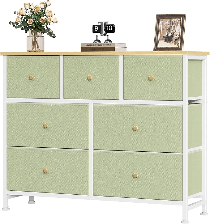 OLIXIS 7 Drawer Closet Organizer, Storage Tower with Sturdy Steel Frame | Dresser for Bedroom, Wooden Top & Easy Pull Fabric Bins, Clothes Organization, Living Room Entryway, Light Green