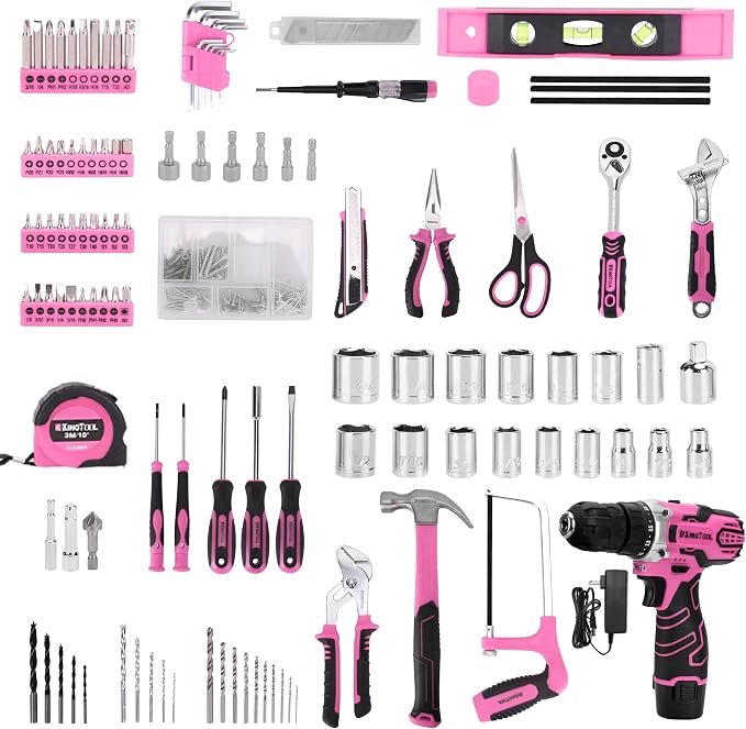 KingTool 276-Piece Tool Set Kit - Tool kit with 12V Cordless Power Drill Driver Toolbox Storage Case with Drawer, Drill Set Perfect for Homeowner, Diyer, Handyman（Pink）