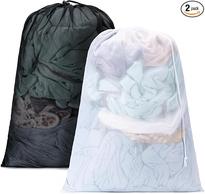 2 Pack Mesh Travel Laundry Bag 24" x 36"Extra Large Dirty Clothes Organizer | Machine Washable Dirty Clothes Organizer with Drawstring and ID Tag, Large Enough to Laundry Essentials forTravel