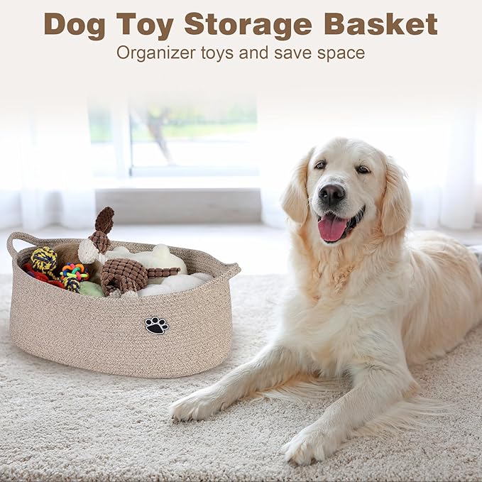 Optish Dog Toy Basket, Toy Box and Bin for Dog Cat Storage, 19.7" X 11" X 7.9" (30L) Large Woven Rope Basket for Blanket Storage, Living Room, Bedroom, Brown