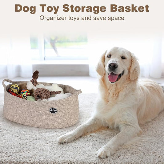 Optish Dog Toy Basket, Toy Box and Bin for Dog Cat Storage, 19.7" X 11" X 7.9" (30L) Large Woven Rope Basket for Blanket Storage, Living Room, Bedroom, Brown