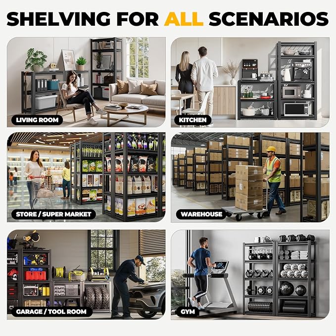 Auto Dynasty 5-Tier Storage Shelves, 72" H Heavy Duty(3000LBS Capacity) Adjustable Garage Shelving, Metal Storage Utility Rack Shelf Unit for Pantry Kitchen Warehouse, 72" H x 35" W x 16" D, Black