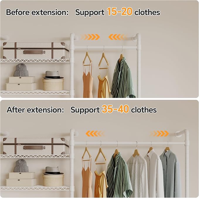 Higeego W4 Wall Mounted Closet System, Expandable Clothes Rack Heavy Duty Clothing Rack for Hanging Clothes, Industrial Pipe Closet Organizers for Reach in Closet, White