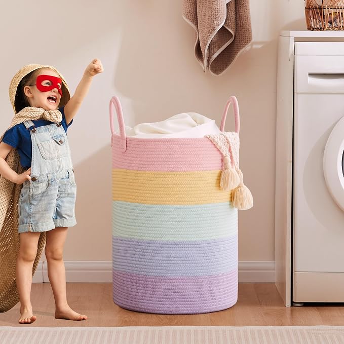 80L Large Rainbow Hamper Tall Woven Laundry Basket for Girls Kids | Clothes Hamper for Baby Nursery Toy in Playroom Blanket Basket for Living Room Bedroom 16"D x 22"H Pastel Unicorn