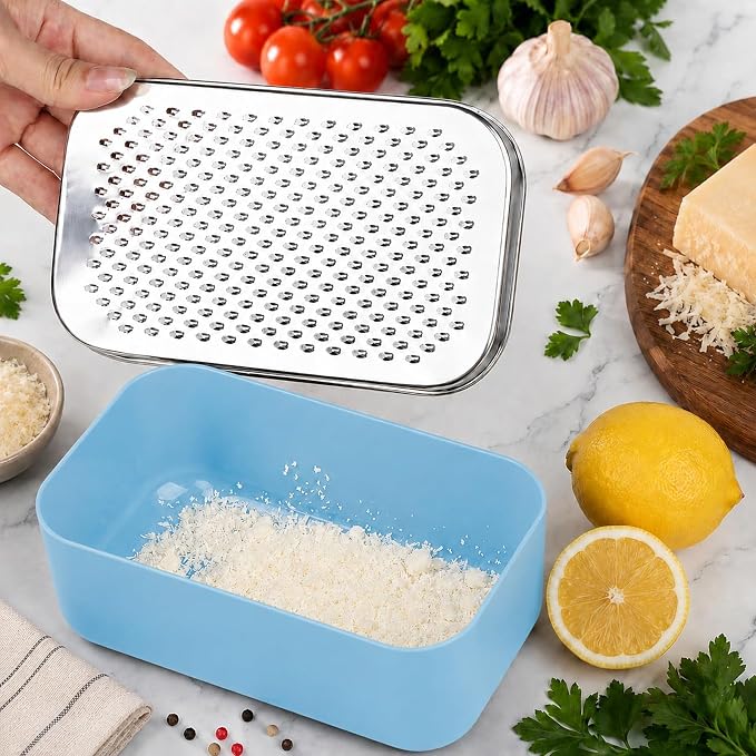 Cheese Grater with Storage Container, Box Grater Stainless Steel for Vegetables, Cheese Shredder 2 Sharp Blades for Fine & Coarse, Non-Slip Base, Lemon Zester, Includes Cleaning Brush (Blue)