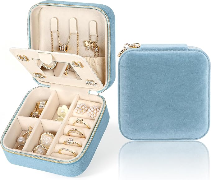 MFXIP Plush Velvet Travel Jewelry Case Small Jewelry Box Jewelry Organizer Storage Case Portable Jewelry Travel Case for Girls Womens Earring, Necklace, Rings,Bracelets with Mirror