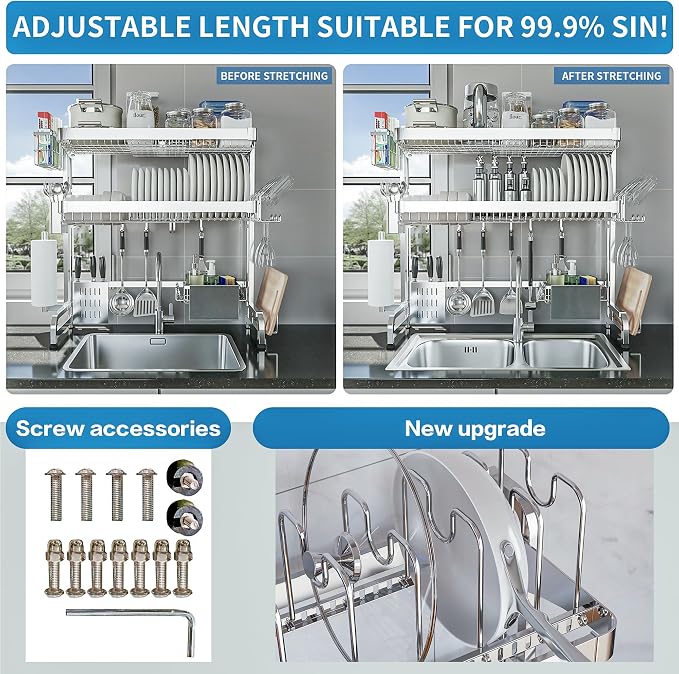 LIVOD Over The Sink Dish Drying Rack,3 Tier Adjustable Length Full Stainless Steel Large Storage Kitchen Dish Rack,for Kitchen Counter Expandable Multifunctional Organizers,Silver (25.98-37.6")