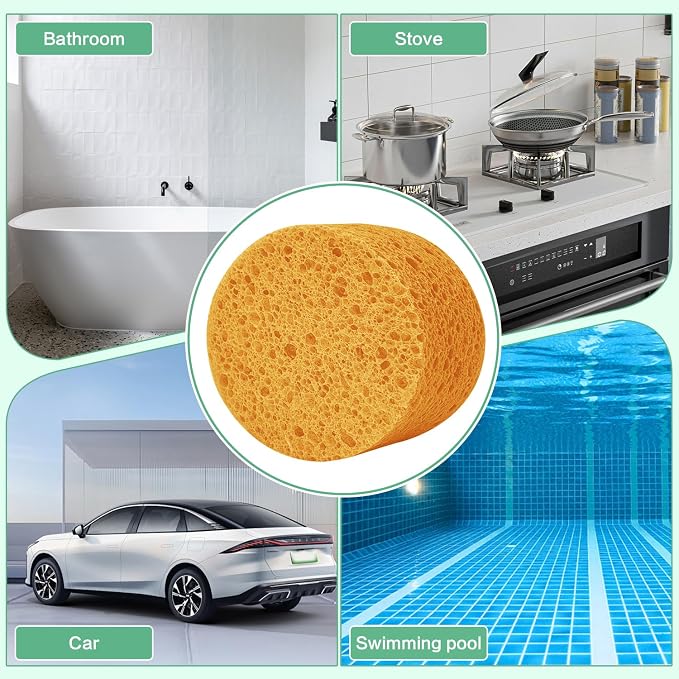 3-Pack Large Sponge, Kitchen Sponges, Handy Sponges, Cellulose Sponges, Dish Washing Sponge, Natural Sponge, Car Washing Sponge, Eco Friendly Sponge (Round, 4" X 4" X 2"), Yellow