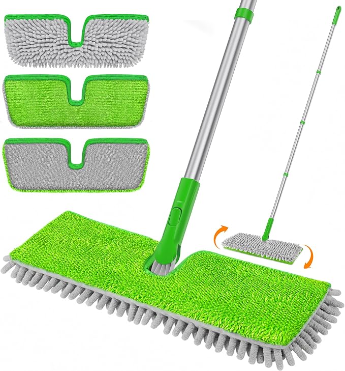 2-Sided Microfiber Dust Mop for Hardwood Floors & Walls | Flat Flip Head, Wet Dry Use, 3 Chenille & Microfiber Pads, 58" Handle, 360° Swivel, Sweep Pet Hair, Tile, Laminate, Kitchen