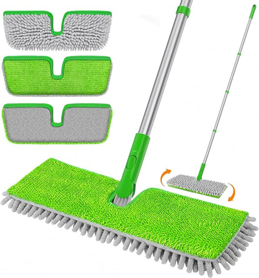 2-Sided Microfiber Dust Mop for Hardwood Floors & Walls | Flat Flip Head, Wet Dry Use, 3 Chenille & Microfiber Pads, 58" Handle, 360° Swivel, Sweep Pet Hair, Tile, Laminate, Kitchen