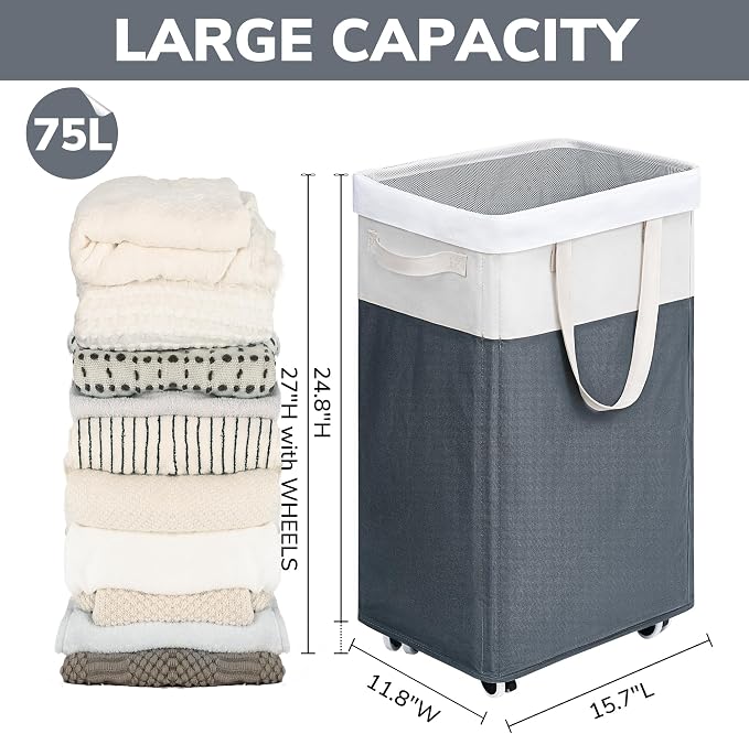 Goodpick 75L Rolling Laundry Basket with Wash Bag, Laundry Hamper for Dorm | Clothes Hamper with Removable Wash Bag for Laundry Room, Large Rolling Laundry Basket with Handles, Grey & White