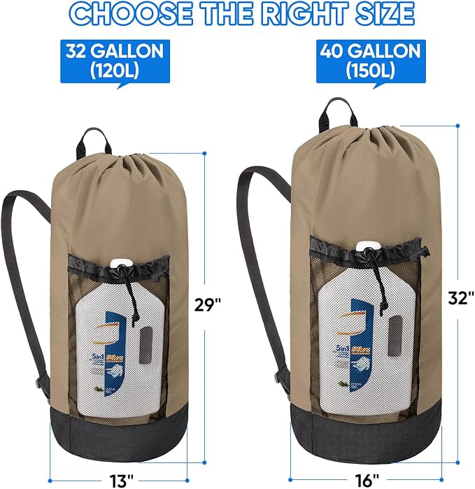 BALEINE 150L Laundry Bag Backpack, 900D Oxford Fabric Large Travel Laundry Bags with Shoulder Straps and 2 Mesh Pockets for College Dorm, Apartment, Laundromat (Khaki, 150L)