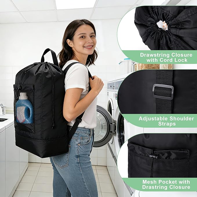 Backpack Laundry Bag,Large Travel Laundry Bags (Khaki) | with Shoulder Straps and Mesh Pockets,Laundry Backpack with Drawstring Closure for College,Trave,Dorm, Apartment,Laundromat