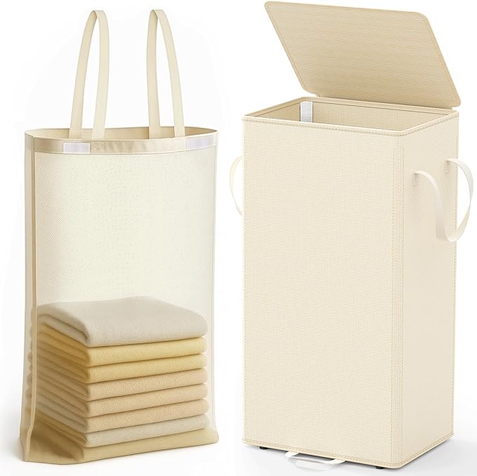 Criusia Laundry Hamper with Lid and Foot Pedal, 100L Fabric Laundry Basket with Removable Mesh Bag, Slim Foldable Design for Bathroom and Laundry Room (Beige)