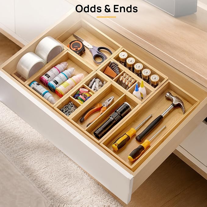 Vtopmart Bamboo Drawer Organizer Boxes - Set of 7 Multi-purpose Wooden Storage Dividers for Kitchen, Bathroom, Office, Desk, Makeup, Jewelry & More, Non-Slip Junk Drawer Organizer Trays for Storage