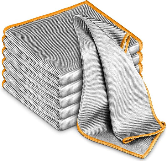 Airlab Glass Polishing Cloth Streak Free Miracle Cleaning Cloth Lint Free Microfiber Cleaning Rags for Glasses Kitchen Dish Mirrors Easy Clean, Pack of 6, 12" x 12", Sliver-Orange