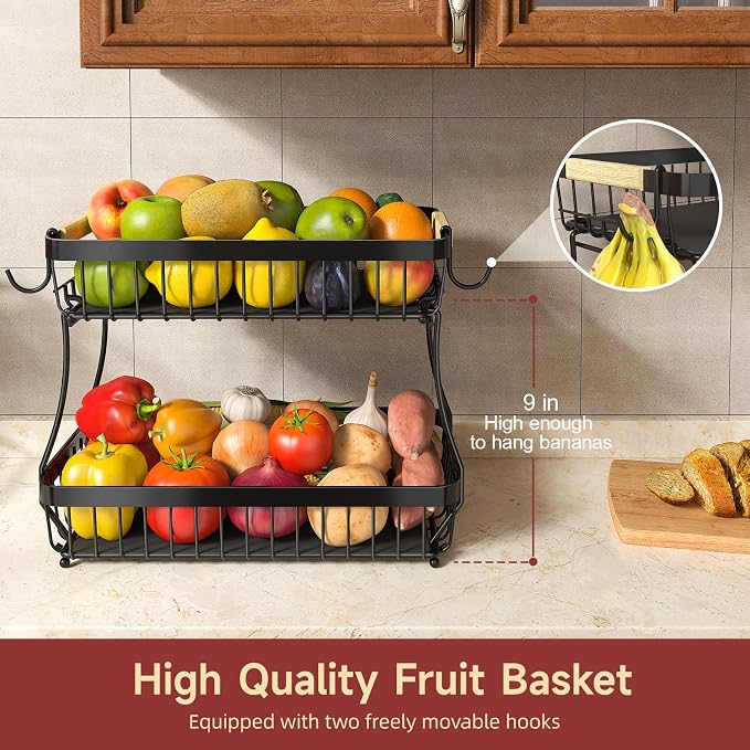 Sevenblue 2-Tier Fruit Basket with Banana Hangers, Detachable Metal Bowl | Wooden handle, protective mats included. Versatile holder for bread, snacks, and veggies. 2-Pack 2 tier metal design.