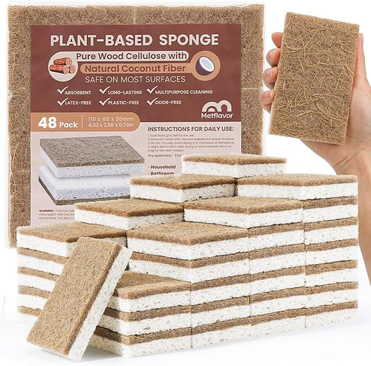 Metflavor Kitchen Sponges, 48 Count, Natural Non-Scratch Cellulose Sponge with Coconut Scrubber for Dishes, Biodegradable & Compostable, Non Toxic Cleaning Sponges for Kitchen, Bathroom, Household