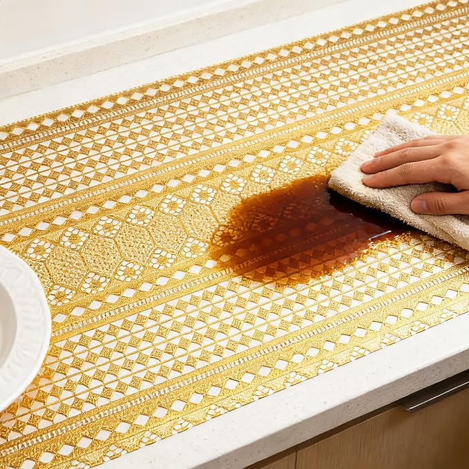 Drawer and Shelf Liner - Gold Geometric Lace Pattern,Non Adhesive | Non Slip Waterproof Easy-Clean Shelf Liner for Kitchen Cabinet, Bathroom, Pantry Storage Drawers, 17 in x 30 Ft