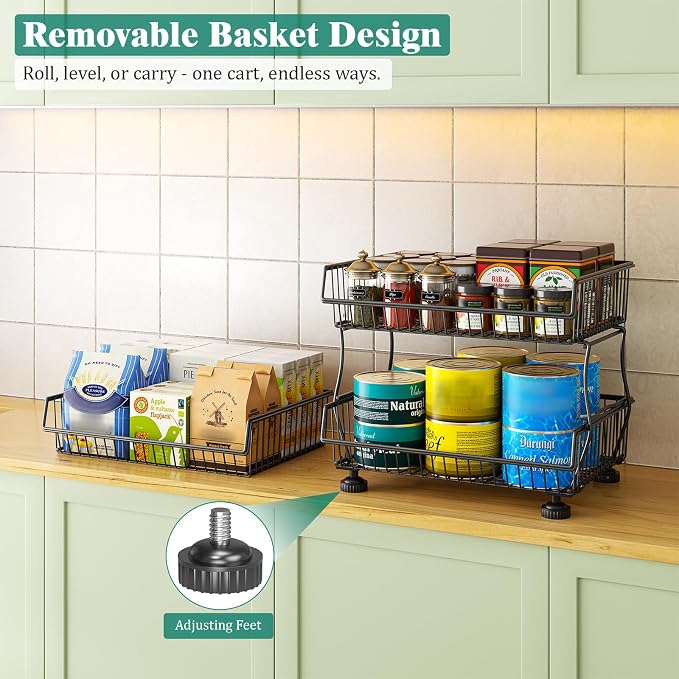 Giwil 3-Tier Rolling Pantry Organizers Fruit Vegetable Storage Basket Cart | 23.62"H under pantry shelf, metal frame, extra standing feet, kitchen produce wire basket for snack fruit onion potato, black