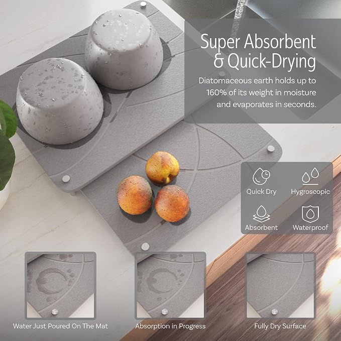 Nested Dish Drying Stone Mat with Bamboo Rack | Large 16"x12" Dish Drying Mat plus 13"x12" Diatomaceous Earth Stone Mat | Expands to 29” x 12” | Premium Stone Mat for Kitchen Counter (Light Gray)