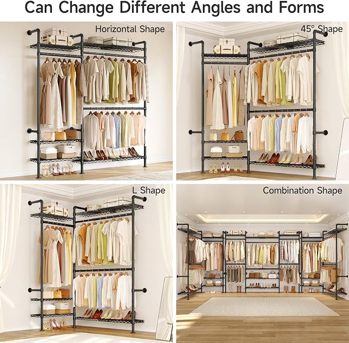 ONBRILL H2 Plus Expandable Wall Mounted Closet System, 3.8FT-5.1FT Closet Organizer with Telescopic Shelves & Adjustable Rods, Industrial Pipe Clothing Rack for Walk-in & Reach-in Closet (Black)