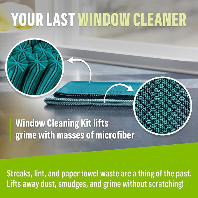E-Cloth Microfiber Window Cleaning Cloth Kit - Glass Cleaning Cloth for Windows, Mirrors, Cars, Lenses, Eyeglasses, & More, Streak Free Clean, Machine Washable Reusable Towel - Winter Green (3 Kits)