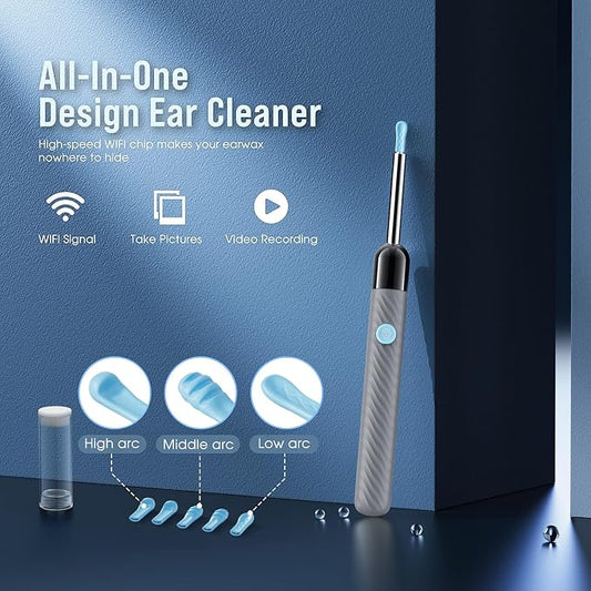 LEIPUT Ear Wax Removal - Earwax Remover Tool with 8 Pcs Ear Set - Ear Canal Cleaner with 1080P Camera - Ear Cleaning Kit with 6 Ear Spoon - Ear Camera for iOS & Android (Grey)