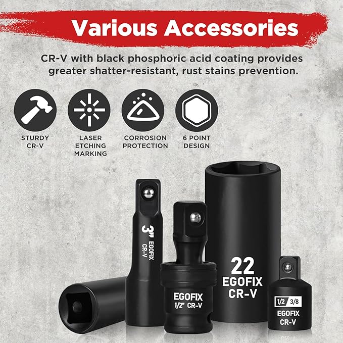1/2” Drive Impact Deep Socket Set, 39 Pieces Metric(8-24mm)/SAE(5/16 to 1-1/4), CR-V Steel Tool Set with 3”, 5”, 10” Extension Bar, Adapters