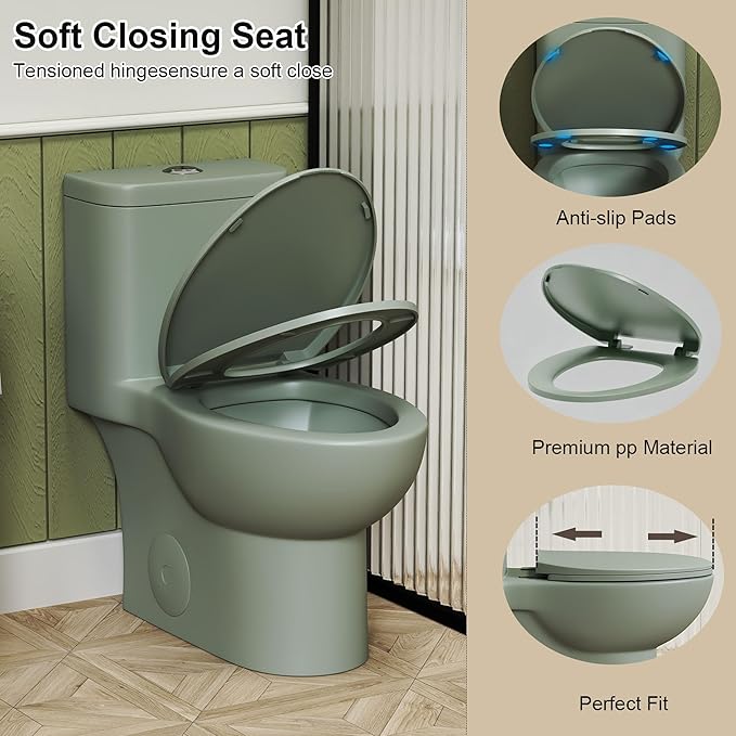 Dual Flush One Piece Toilets for Bathrooms, Compact Toilet Elongated with Soft Closing Seat, Modern 12 Inch Rough in Toilet, 1.61 GPF & Map 1000g, Comfort Height, Silent Design (Sage Green)