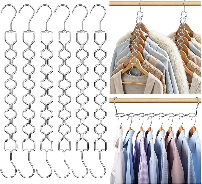 Space Saving Hangers for Clothes 6 Pack Sturdy Metal Hangers Heavy Duty | Magic Clothes Space Saver Hanger Organizer with 360° Swivel Hook, Closet Organizers and Storage Dorm Room Essentials Silver