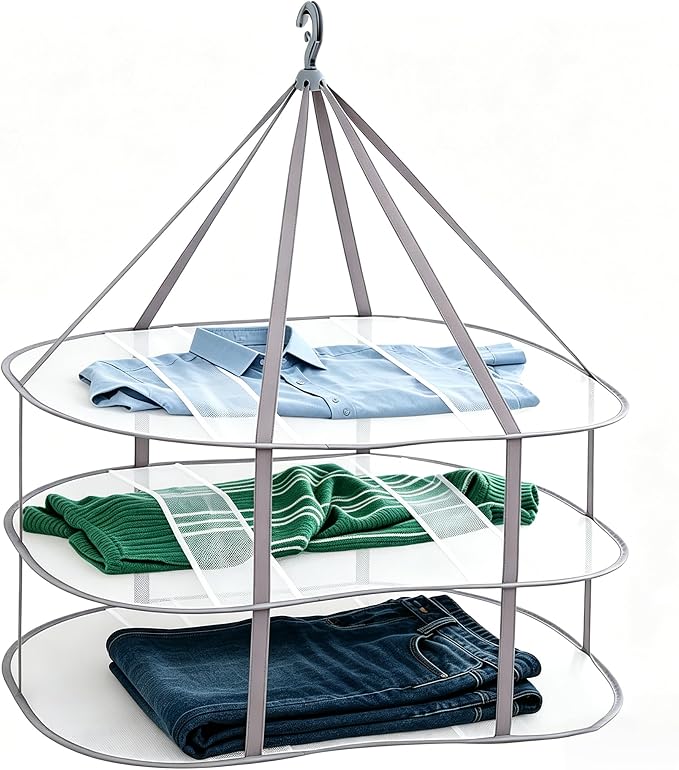Hanging Drying Rack Foldable Sweater Clothes Dryer Flat Mesh Large Portable Fixed Windproof for Home, Dormitory and Bathroom 3 Tier