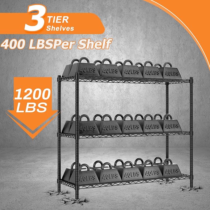 ROOMTEC 3-Tier Wire Shelving Unit,40" W*16" D*36" H,Max Load 1200 lbs | Small Garage Shelves,Adjustable Storage Rack, Metal Shelf for Kitchen, Pantry, Laundry Room, Basement