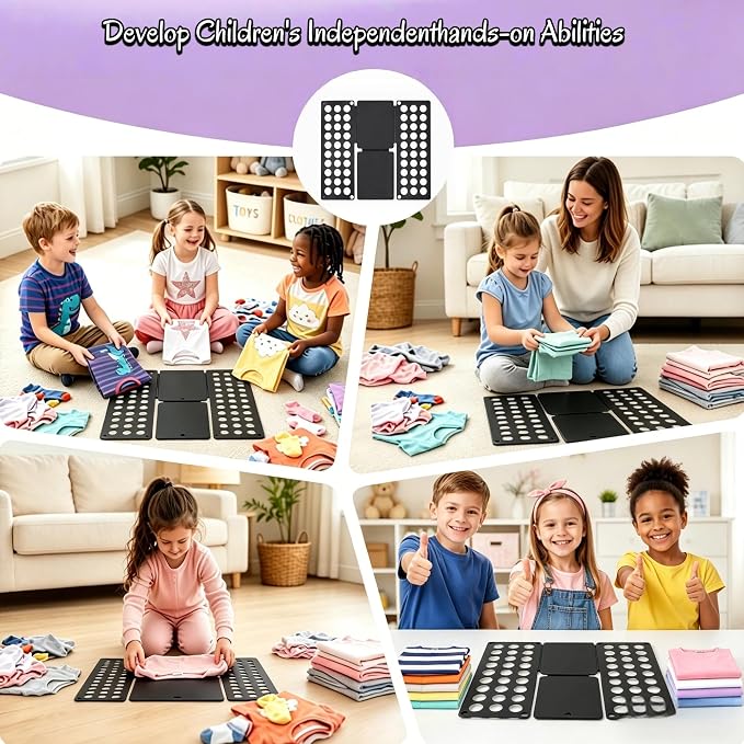 Mini Toddler Shirt Folding Board - Ages 1-7 Black, Builds Independence | great for Montessori laundry, lightweight PP, smooth rounded edges, quick & simple, develops confidence & skills, stores flat