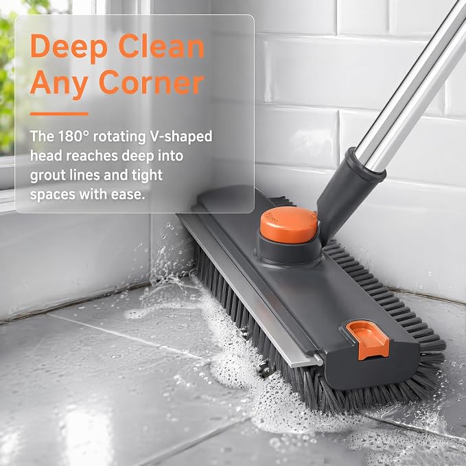 3 in 1 Long Handle Floor Scrub Brush with Squeegee | Adjustable stiff bristle scrubber with squeegee & tweezer, duty multi-surface for shower tile patio kitchen bathtub cleaning
