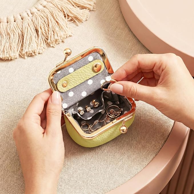 Genuine Leather Mini Jewelry Box Portable Vintage-Inspired Leather Small Coin Purse Jewelry Organizer Case Mini Travel Ring Box with Kiss Lock for Women Earring Ring Necklace