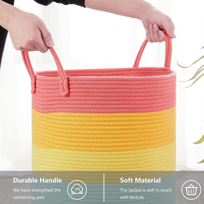 80L Extra Large Rainbow Laundry Hamper Basket for Girls Kids Tall | Unicorn Nursery Toddler Hamper for Clothes Woven Rope Toy Storage Basket in Playroom Bedroom 16"D x 22"H