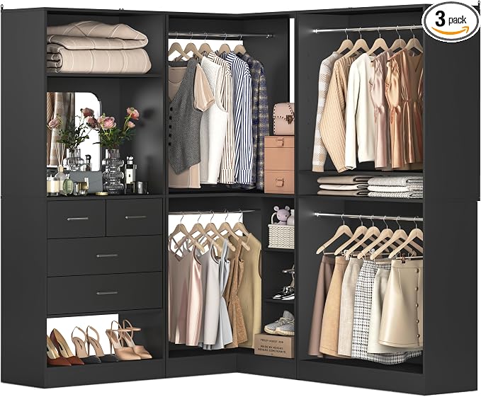 Unikito 97" Large Modular Closet System, 2500LBS Heavy Duty Wood Wardrobe with 4 Hanging Rods, 3-Piece Customizable Walk-in Garment Rack for Bedroom, Black