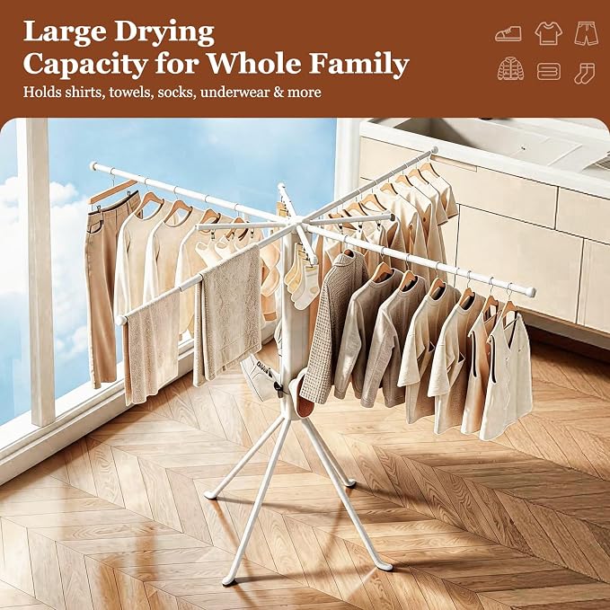 Adjustable Collapsible Umbrella Style Clothes Drying Rack, 4Legs6Telescopic Arms, Space-Saving Freestanding Laundry Airer with Windproof Clips, Easy Setup Indoor Outdoor (White-Plastic)