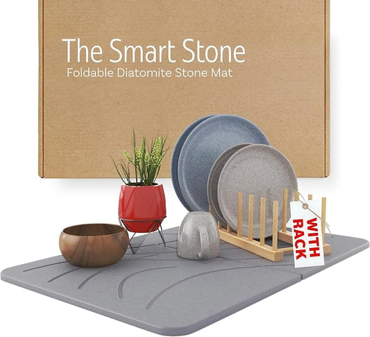 LARGE | PREMIUM | Stone Dish Mat + Bamboo Rack | 24” x 16” | Foldable (Light Gray)
