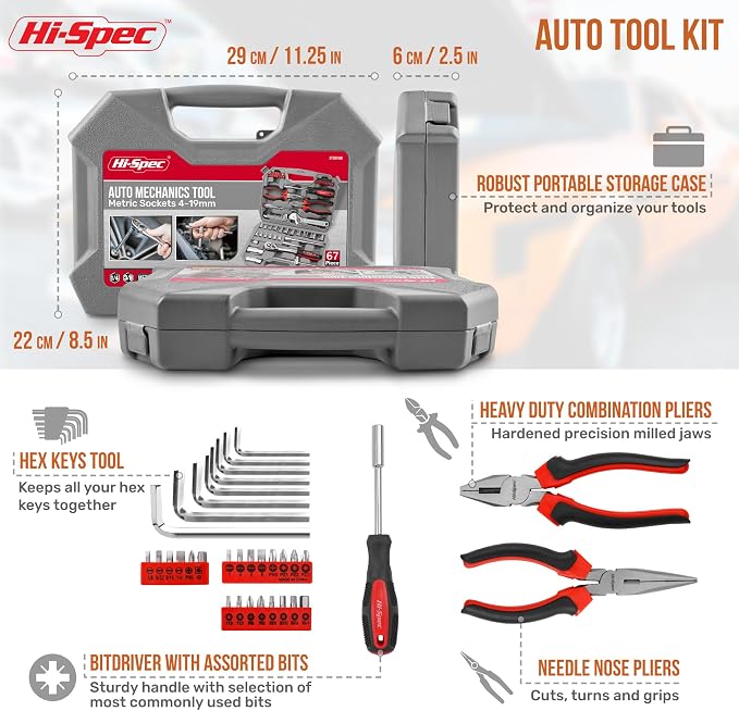 Hi-Spec Metric Auto Mechanic Tool Set Motorcycle & Car Tool Kit Trucks | 67pc, 4-21mm, socket and wrench coverage, roadside fixes, organized box, garage maintenance help, bike and vehicle tasks